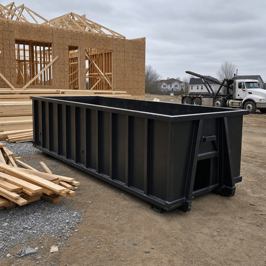Matte-black 40-yard roll-off dumpster staged on a framed-out residential construction site in Austin, framing lumber stacked nearby, hooklift delivery truck visible in the background under bright Colorado daylight