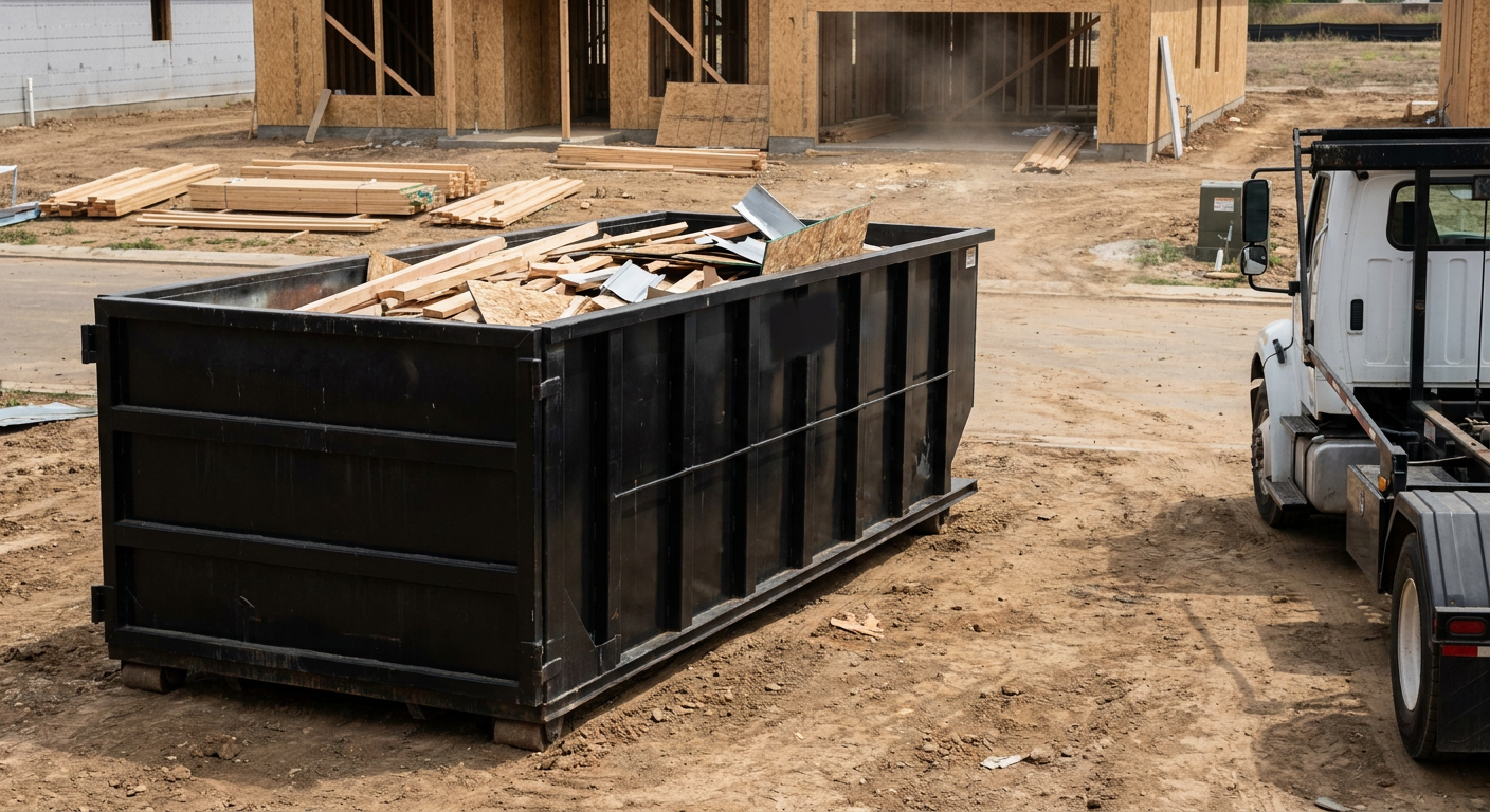 Matte-black 20-yard roll-off construction dumpster with heavy ribbed steel sidewalls and swing rear doors at a working jobsite in Austin, sitting directly on compacted dirt with an unmarked white hauler partially visible at the far edge of the frame.