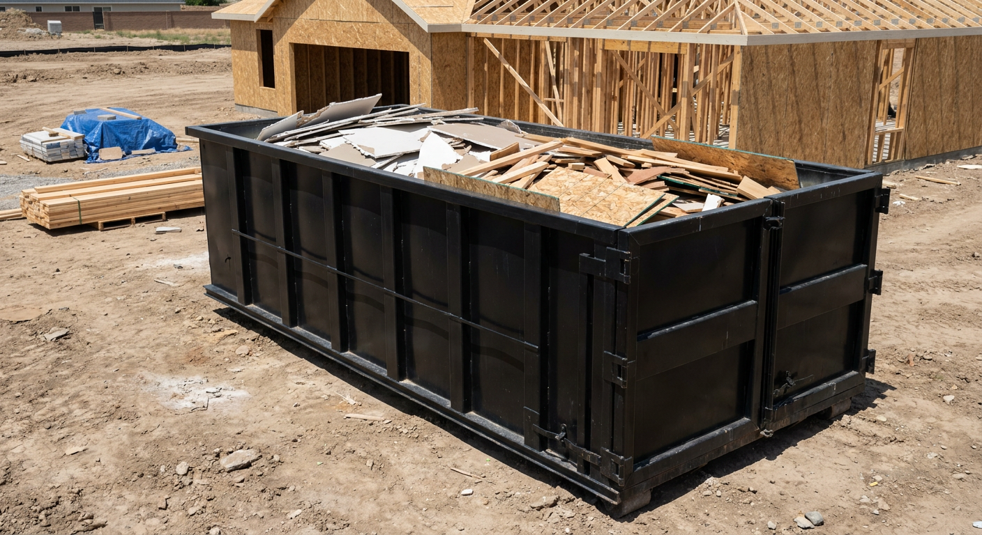 Matte-black 30-yard roll-off construction dumpster sitting directly on the compacted-dirt site of a framed single-family home build in Austin, drywall and lumber scrap loaded inside.