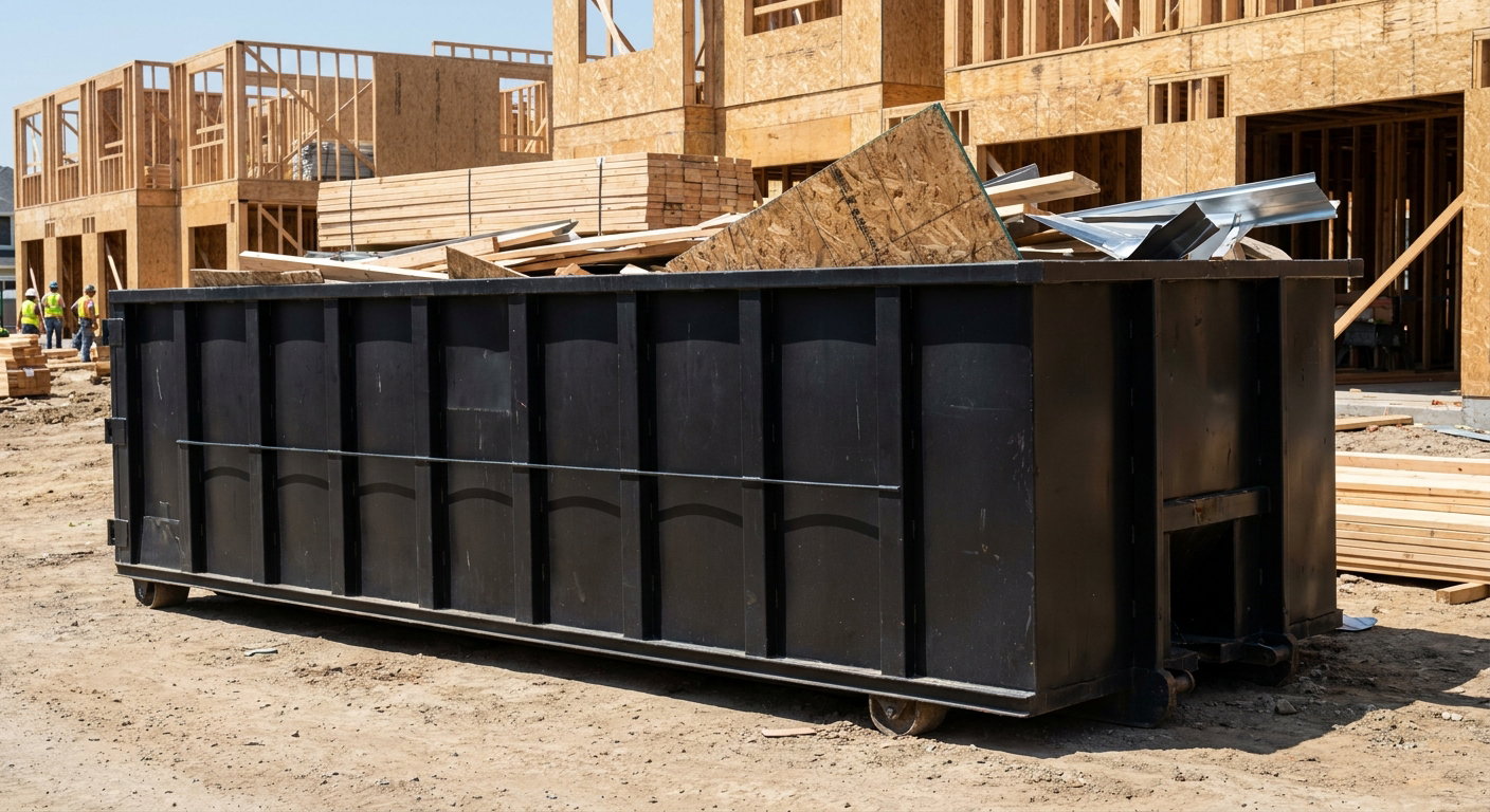 Matte-black 40-yard roll-off construction dumpster being lowered from a white-cab hooklift delivery truck onto the compacted-dirt jobsite at a commercial build site in Austin