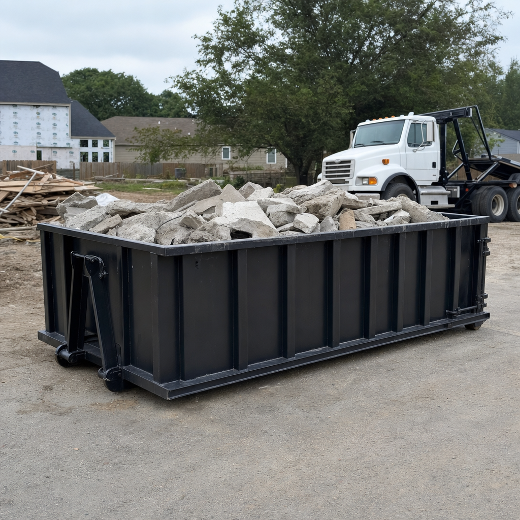 Low-profile matte-black lowboy roll-off dumpster loaded with broken concrete slab and rebar at a foundation tear-out in Austin, skid steer parked beside it, sunny Colorado morning