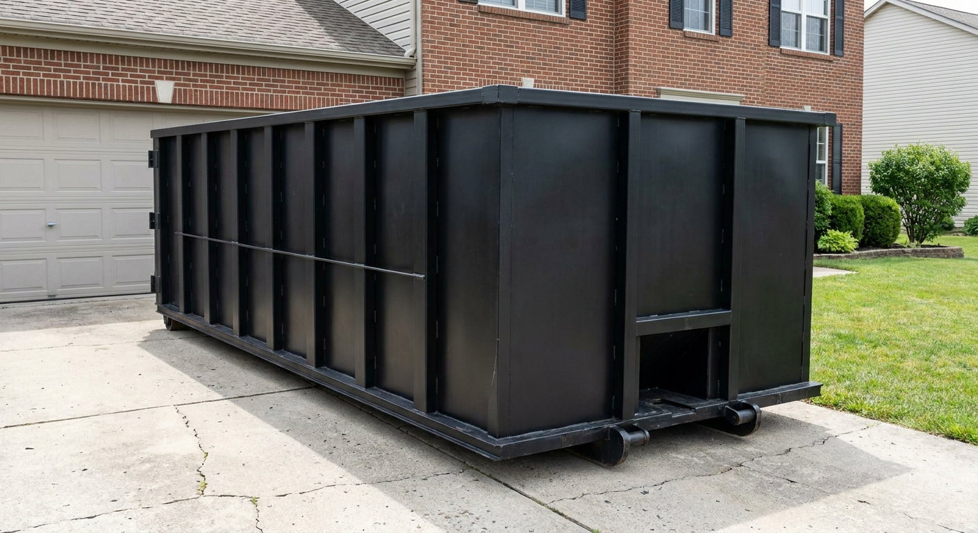 Matte-black 20-yard roll-off container on a Austin residential concrete driveway with reinforced ribbed steel sidewalls and a hinged rear walk-in door, clean bright daylight.
