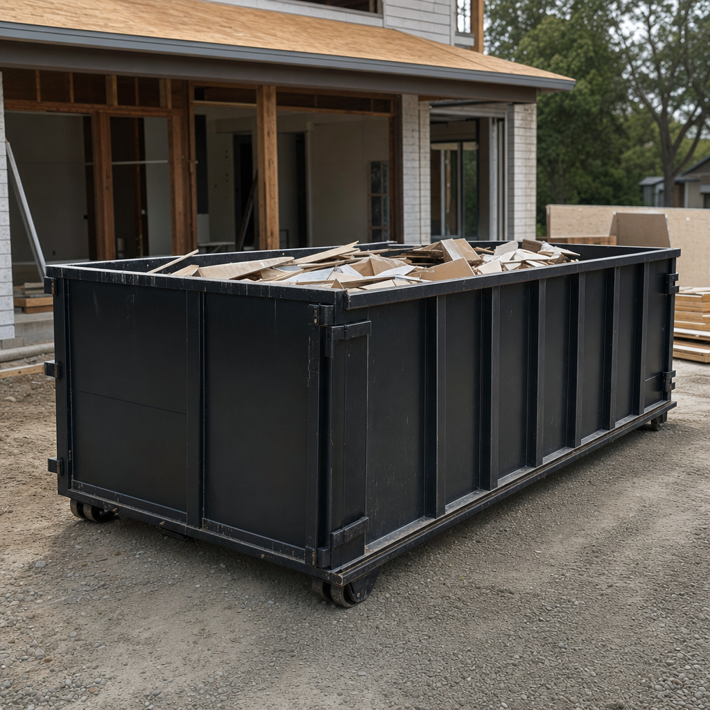 Large matte-black 30-yard construction roll-off dumpster at an active Austin jobsite, steel-gray top rails and bottom rollers visible, loaded with construction debris.