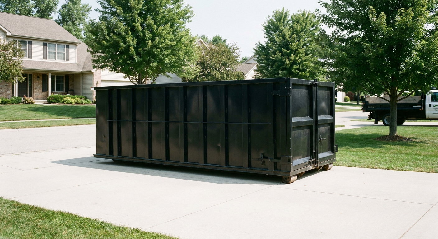 Matte-black 20-yard roll-off dumpster sitting level on a clean Austin residential concrete driveway under bright daylight, demonstrating clean placement directly on the concrete.