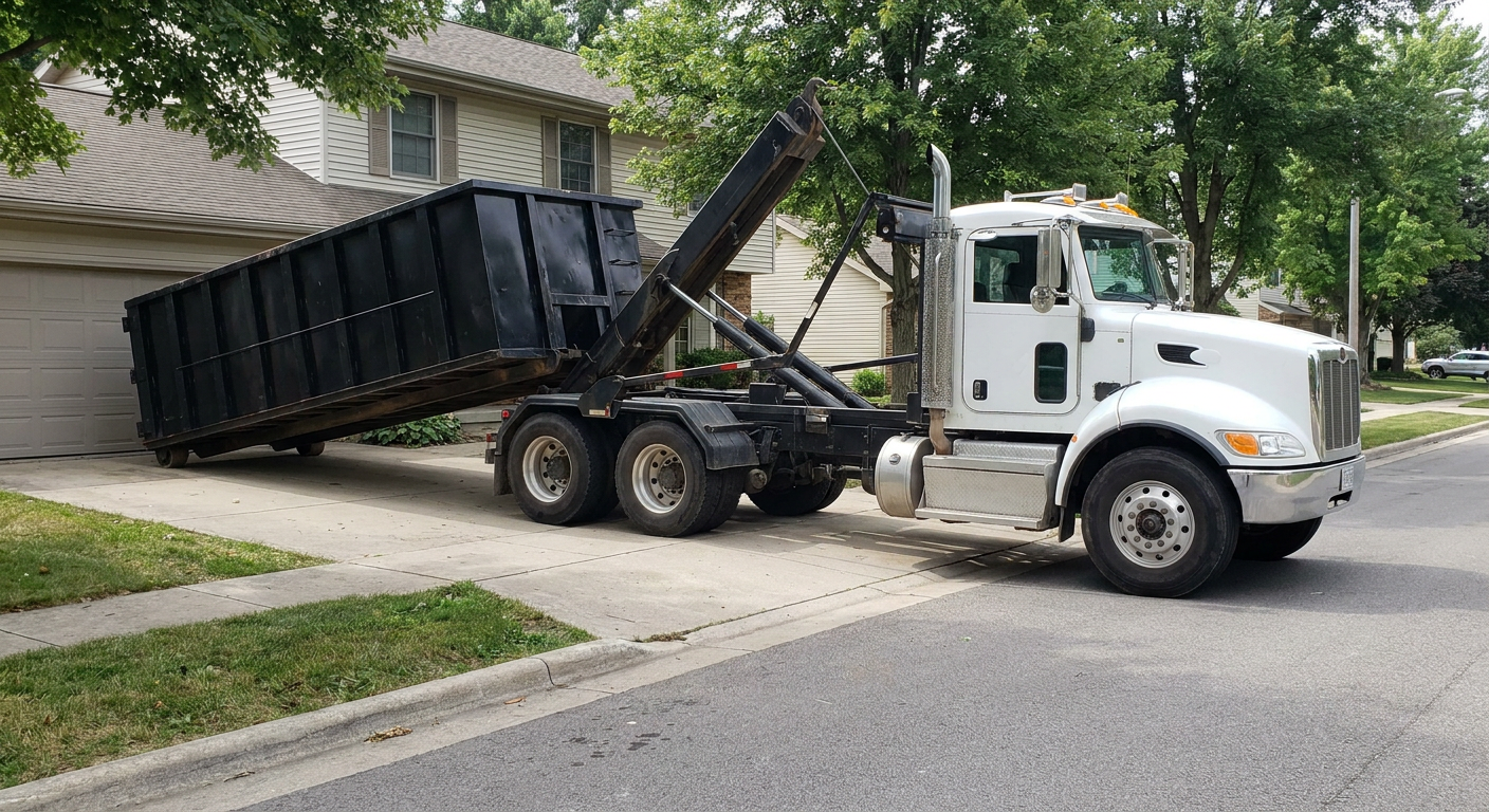 White-cab hooklift roll-off truck actively lowering a matte-black dumpster onto a Austin residential concrete driveway, the dumpster's rear wheels touching the driveway as the hoist arm tilts the bed forward, mid-morning daylight.