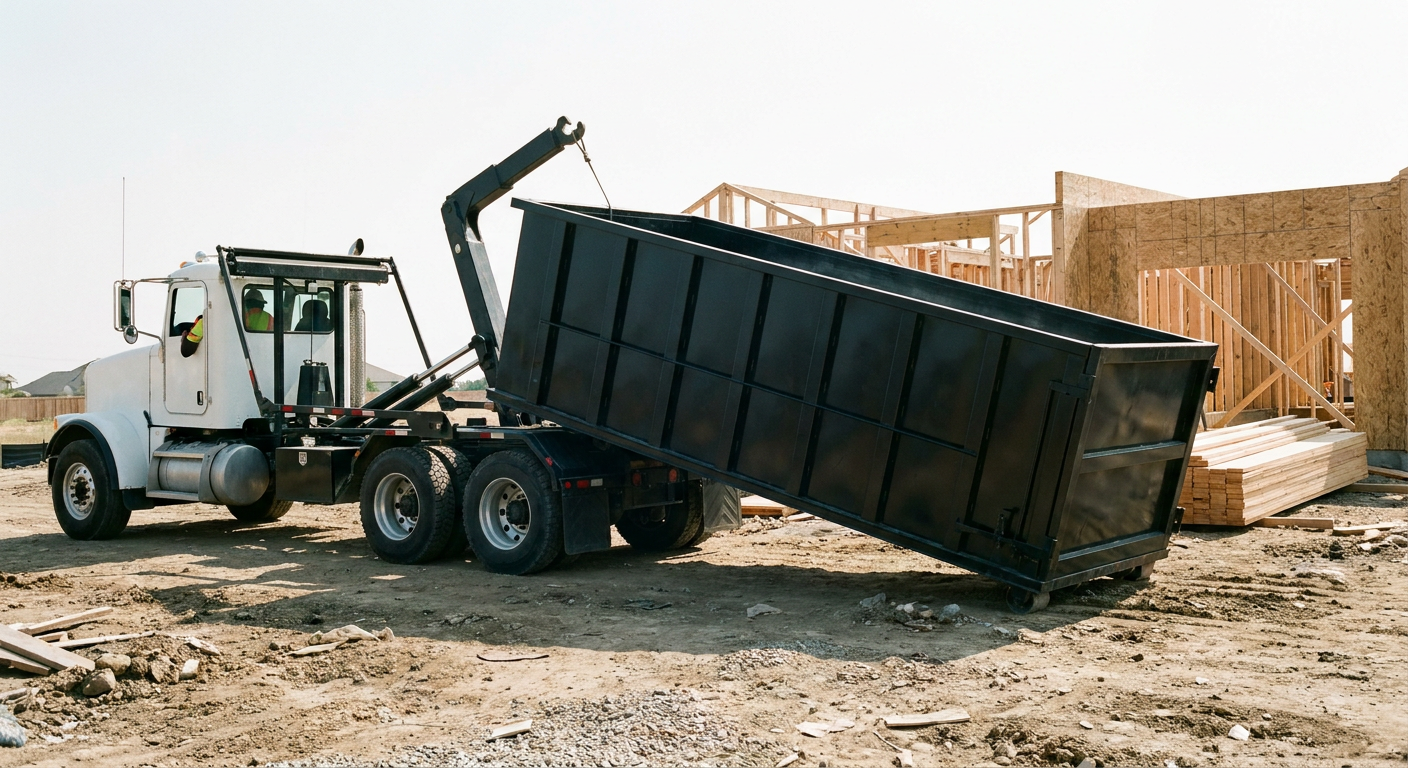 Matte-black roll-off dumpster being delivered onto a clean residential concrete driveway in Austin by an unmarked white hooklift hauler truck, bright morning daylight, documentary 35mm perspective.