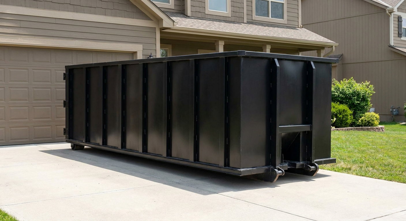 Matte-black residential roll-off dumpster sitting directly on a suburban Austin concrete driveway, garage door closed, single-family home in background, bright morning daylight.