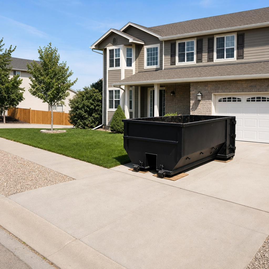 10-yard matte-black residential dumpster placed directly on a narrow Austin concrete driveway, room remains for a parked sedan beside it, mid-morning natural light