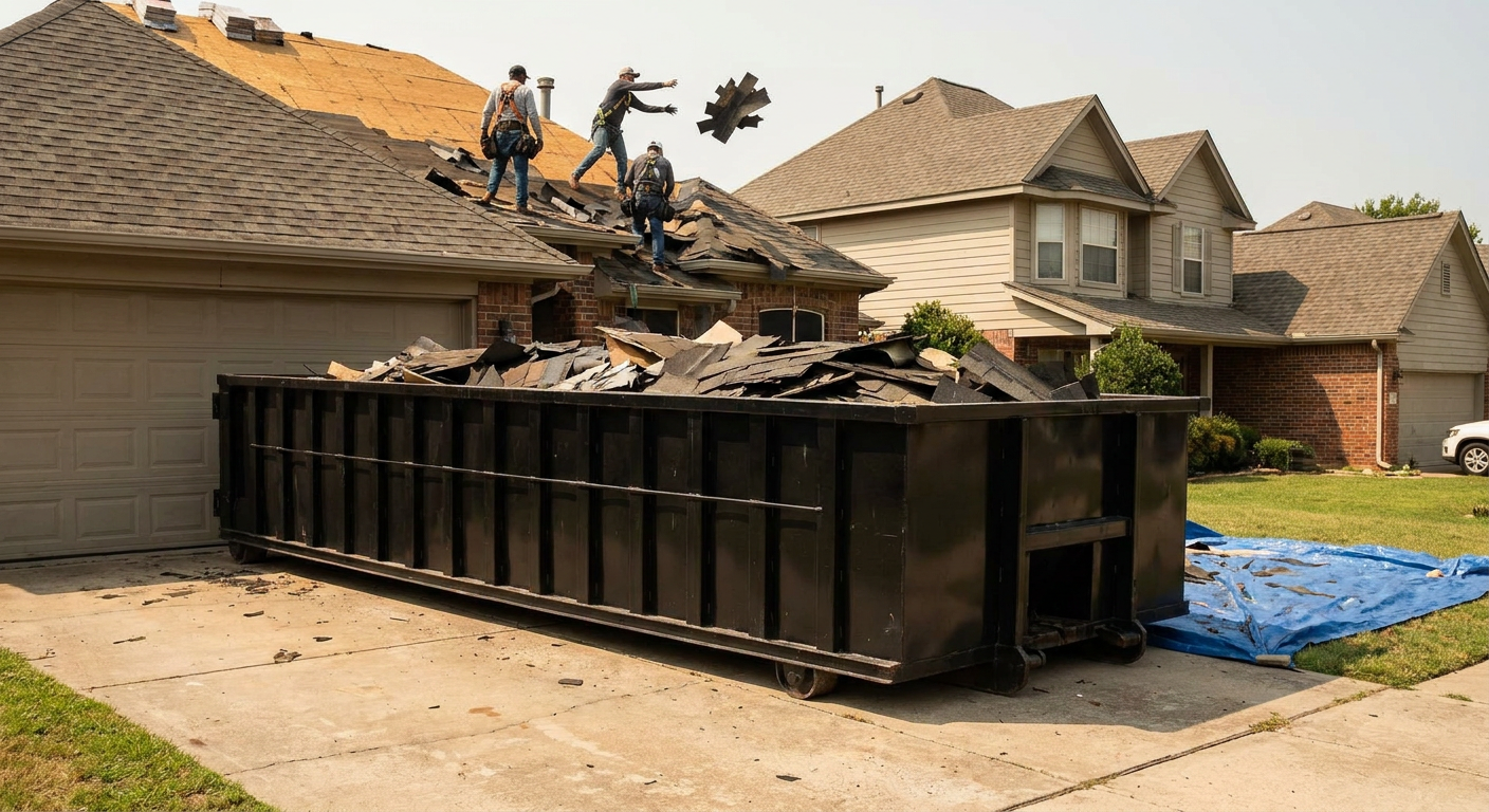 Matte-black roofing roll-off dumpster placed directly on a Austin residential concrete driveway, a tear-off crew on a two-story asphalt-shingle roof tossing shingle bundles into the low-walled container, bright daylight, documentary 35mm perspective.