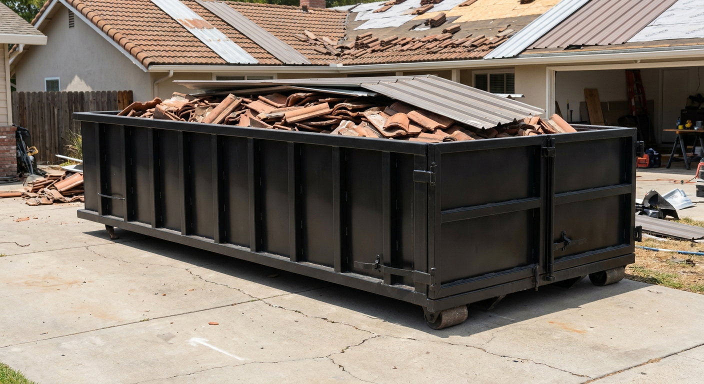 Matte-black low-wall heavy-debris roofing roll-off dumpster sitting directly on a Austin concrete driveway, broken concrete clay roof tiles and metal panel sections loaded inside, reinforced ribbed steel side walls visible, bright outdoor daylight.