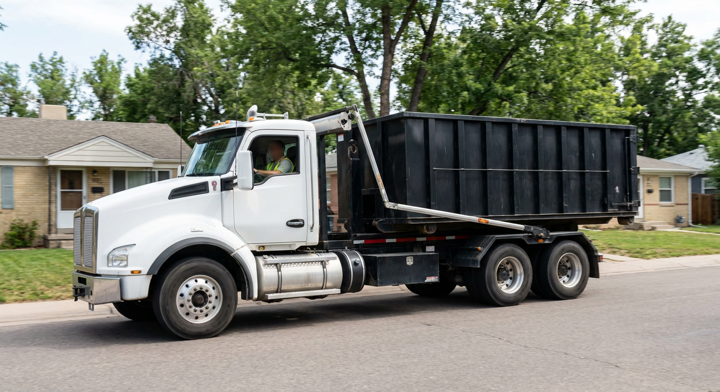A wide documentary shot of a matte-black roll-off delivery truck pulling onto a quiet Austin residential street at mid-morning, with neighborhood rooftops and tree-lined blocks visible behind, showing the metro coverage footprint.