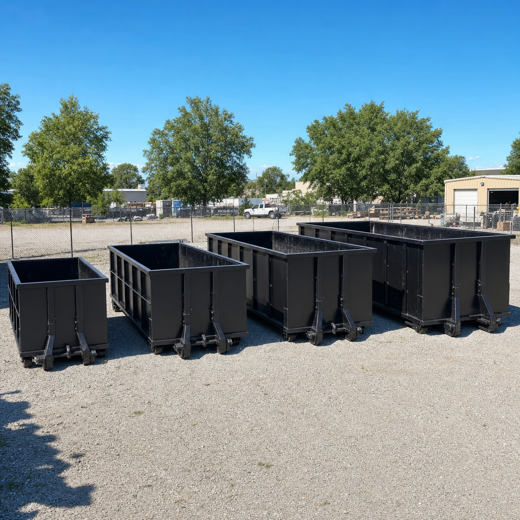 A clean lineup of matte-black roll-off dumpsters in 10, 20, 30, and 40-yard sizes staged on a sunlit gravel yard in Austin, showing the size progression from compact to commercial-scale containers.