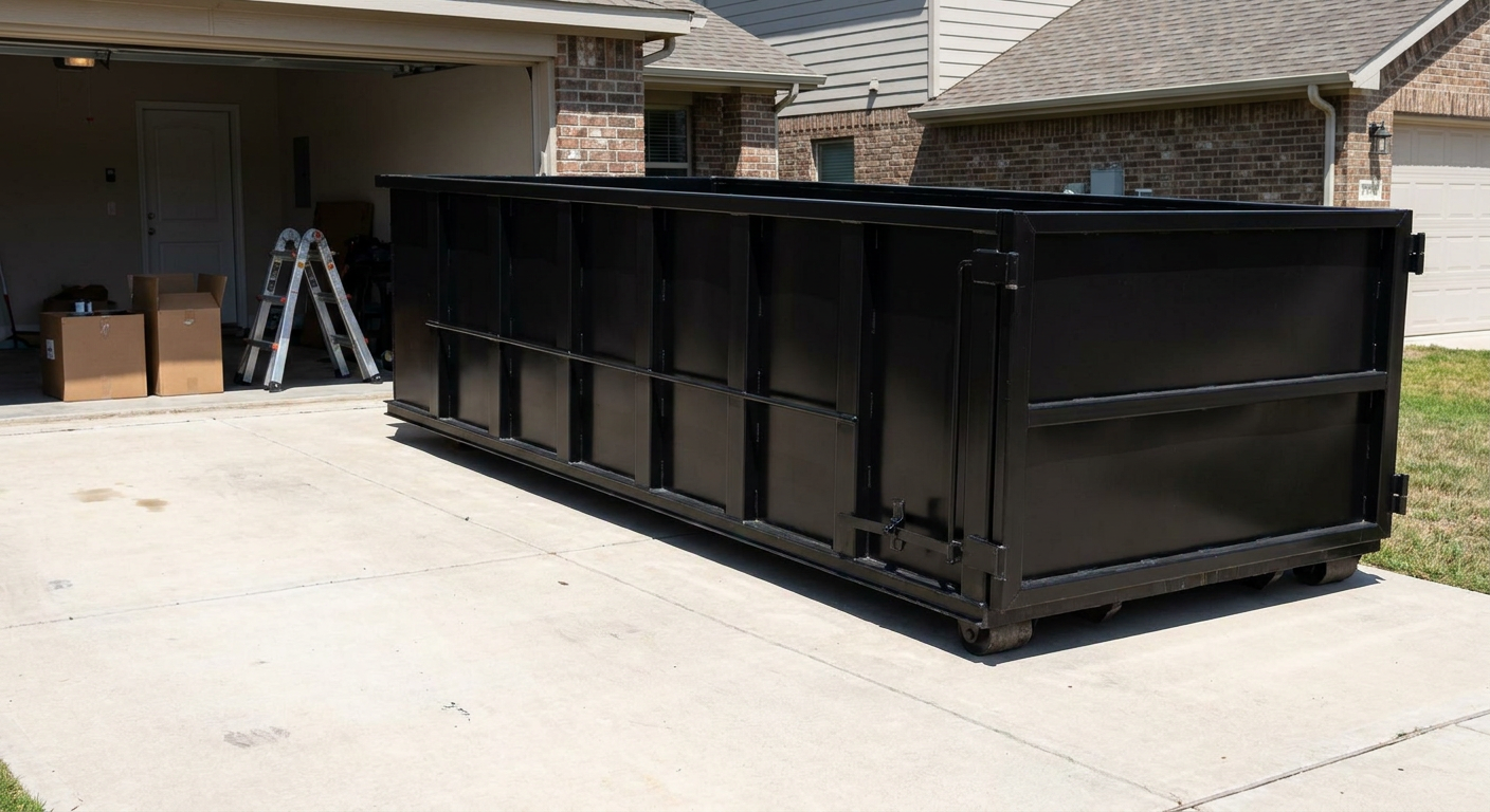 A matte-black 10-yard roll-off dumpster sitting directly on a residential Austin concrete driveway, mid-day sunlight, clean and ready for a garage cleanout.