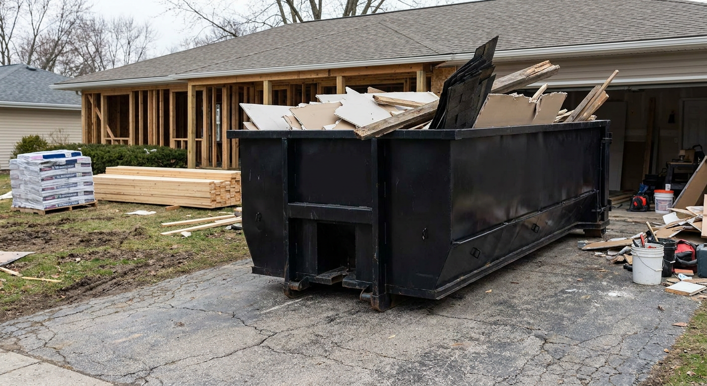 A matte-black 20-yard roll-off dumpster placed alongside a mid-renovation Austin home directly on the asphalt driveway, with framing materials and torn-off shingles staged neatly nearby.