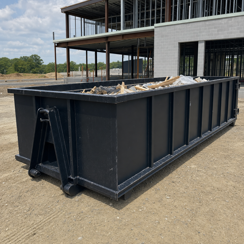 A matte-black 40-yard roll-off dumpster staged on a large Austin commercial construction lot, with a hooklift delivery truck parked alongside under bright midday sky.