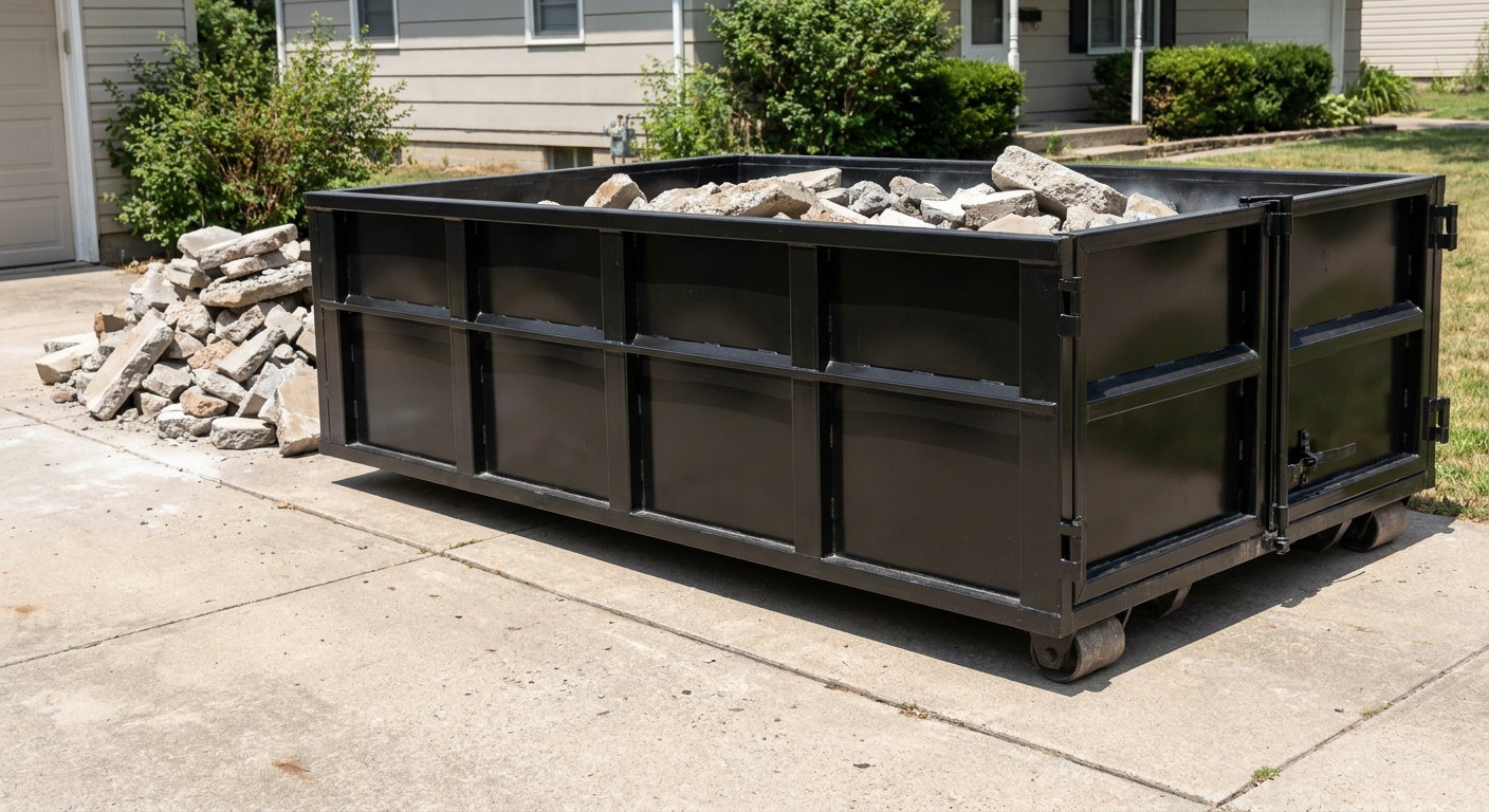 A matte-black low-side heavy-debris roll-off dumpster placed directly on a Austin concrete driveway, with broken concrete chunks neatly stacked beside it under clean daylight.