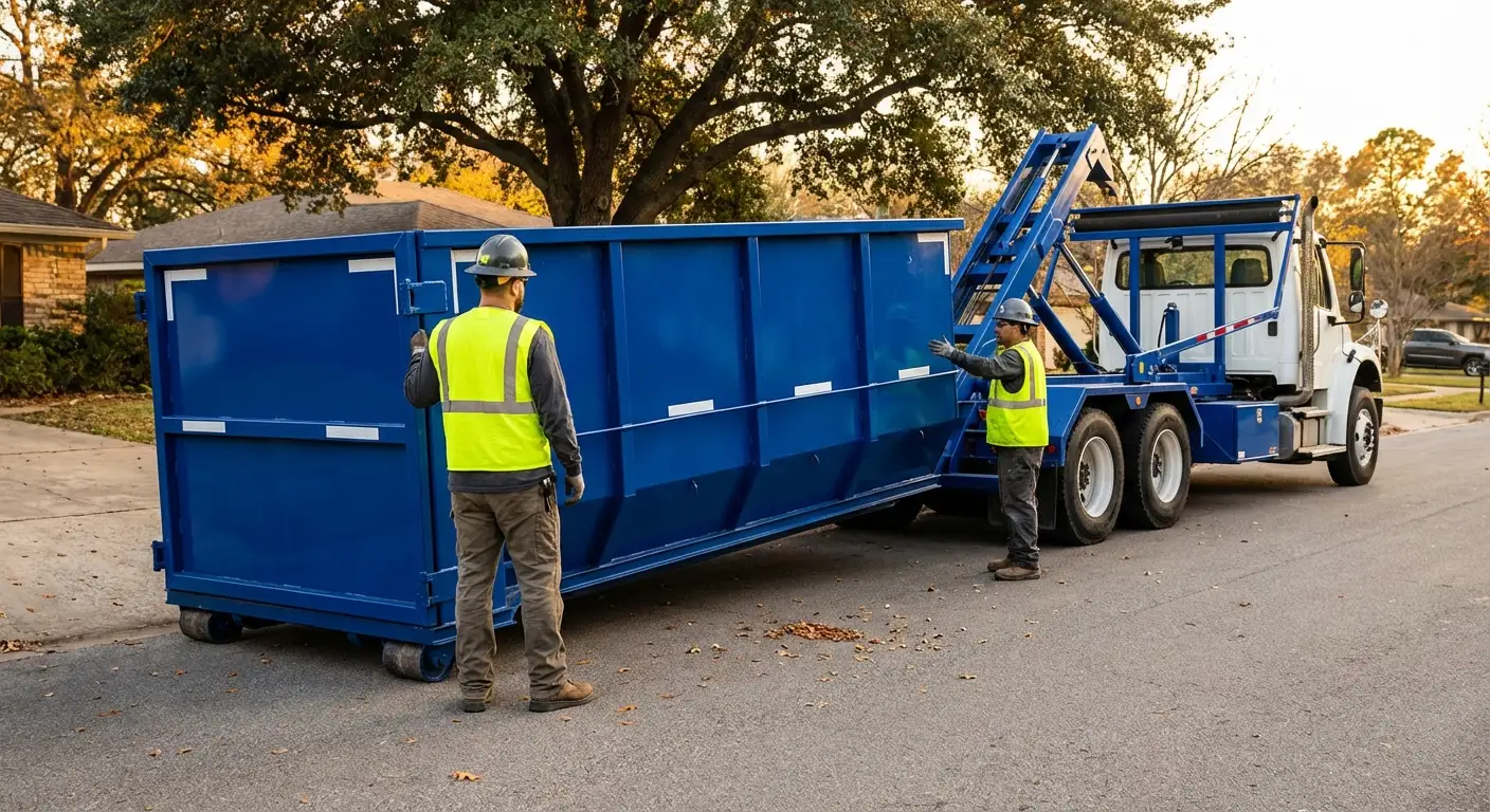 Roll-off dumpster delivery truck in operation in Austin, TX