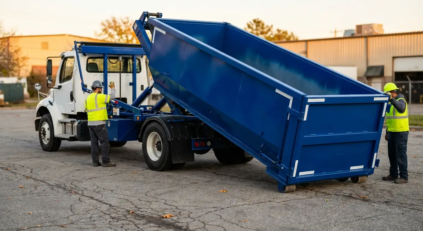 Roll-off dumpster rental truck protecting driveway surfaces in Austin, TX