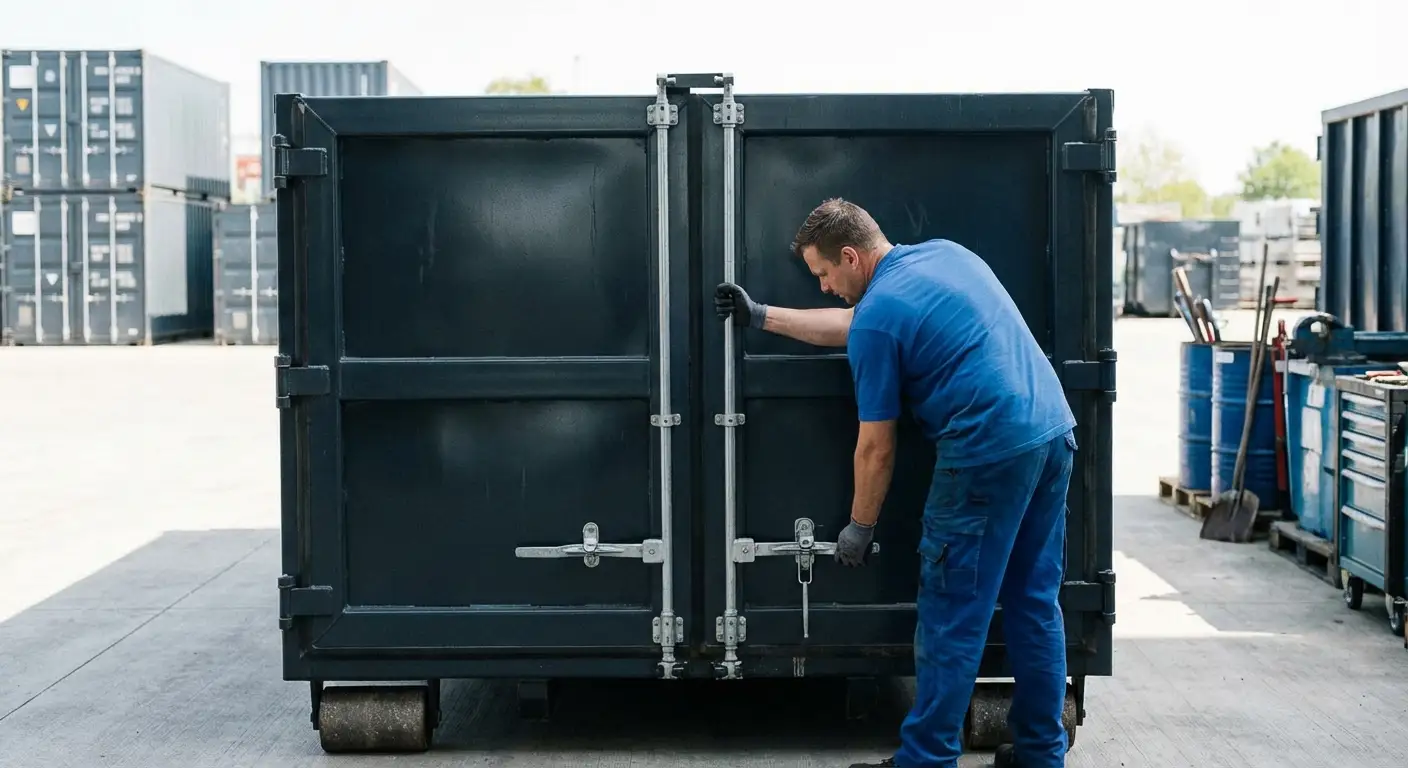 Dumpster walk-in loading door open showing easy access in Austin, TX